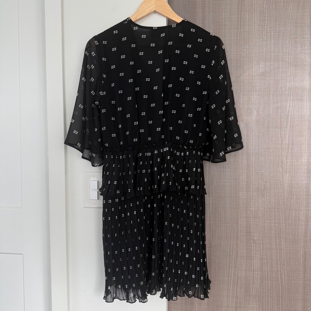 GANNI Black Pleated Georgette V Neck‎ Flounce Mini Dress Short Sleeve EU38 US6 - Picture 10 of 16
